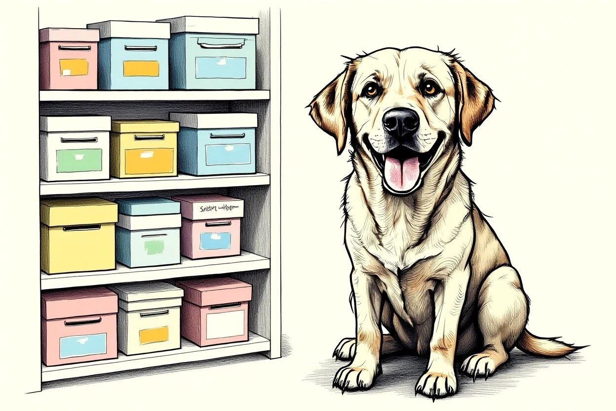 Lola organizând cutii etichetate pe rafturi